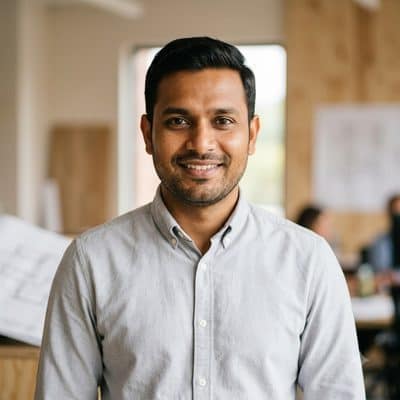 Portrait of an Indian man in his mid-thirties with short hair, wearing a light grey shirt and looking directly at the camera with a friendly smile.