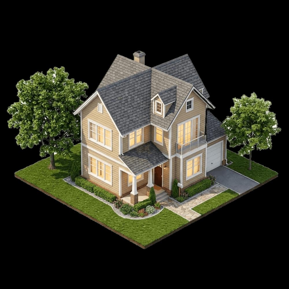An isometric illustration of a two-storey suburban house with a pitched roof and glowing windows, standing on a small green lawn beside two trees.