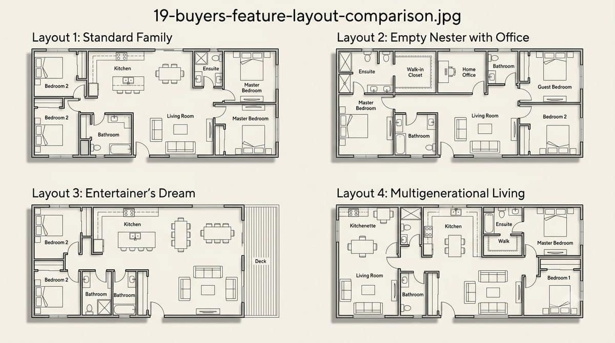 Four alternative two-dimensional floor plans for the same home, arranged in a two-by-two grid on warm off-white paper for side-by-side comparison.