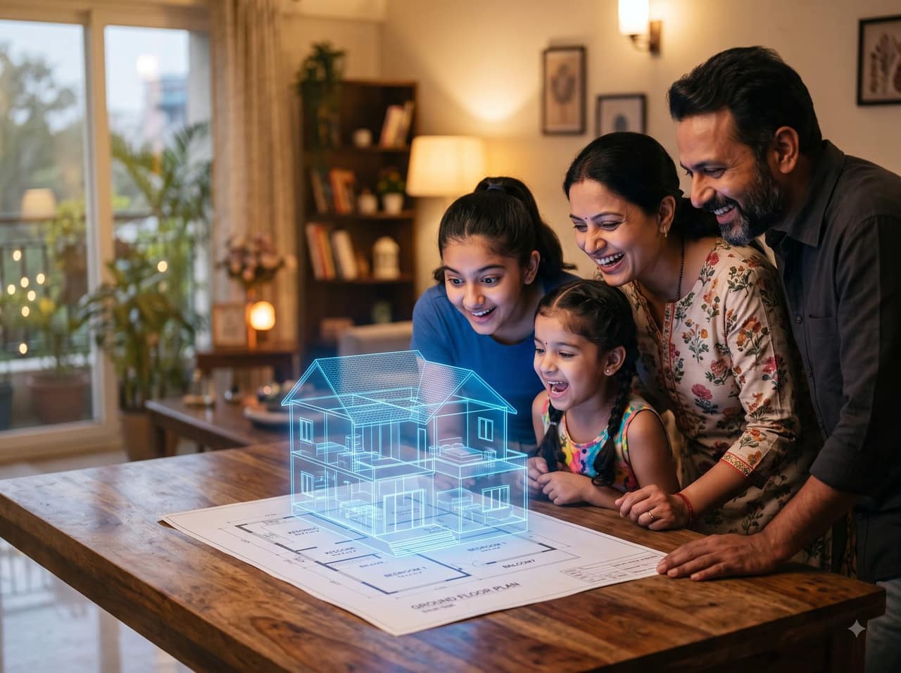An Indian family of four lean over a wooden dining table in the evening, delighted by a glowing blue holographic house rising from the printed ground floor plan spread in front of them.