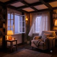 A small interior render thumbnail of a cosy evening living room with dark timber beams, an armchair under a throw and a table lamp glowing amber.