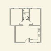 A small floor plan thumbnail showing a compact two-bedroom layout drawn in fine black line work on warm off-white paper.