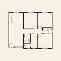 A small floor plan thumbnail showing an open-plan three-bedroom layout drawn in fine black line work on warm off-white paper.