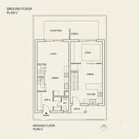 A small floor plan thumbnail showing the ground floor of a narrow-plot duplex, with two units either side of a stair core and a courtyard to the rear.