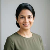 Professional headshot of an Indian interior designer in her thirties with her hair pulled back, wearing an olive blouse, photographed against a neutral light grey background.