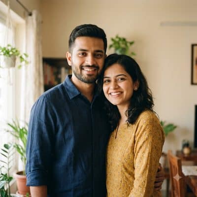 Portrait of a young Indian couple in their late twenties standing close together indoors, smiling at the camera in soft window light.