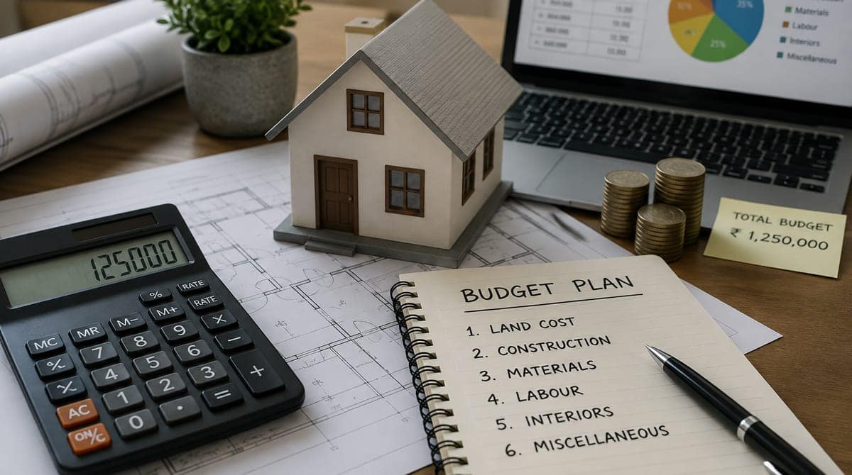 A home-construction budget plan laid out on a desk — a calculator showing 1,25,000, a small model house on architectural blueprints, stacked coins, and a spiral notebook headed 'Budget Plan' listing land, construction, materials, labour and interiors beside a laptop cost breakdown.