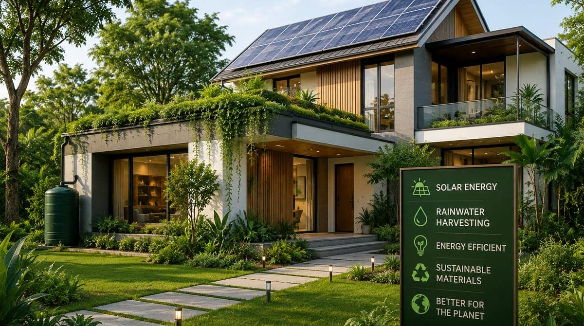 A modern two-storey sustainable Indian home at dusk with rooftop solar panels, a green living roof, a rainwater tank and warm interior lighting, beside a green signboard listing solar energy, rainwater harvesting, energy efficiency and sustainable materials.