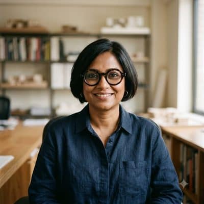 Portrait of a Bengali Indian woman in her forties with a short bob and bold round glasses, wearing a dark linen shirt in an architecture studio.