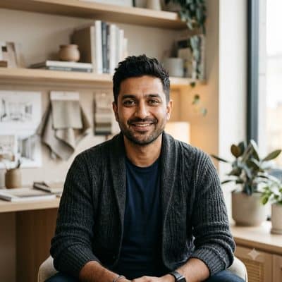 Portrait of an Indian man in his early thirties with light stubble, wearing a textured knit cardigan over a tee, seated in a design studio.