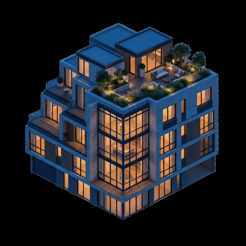 An isometric illustration of a four-storey mixed-use building with stepped massing, a glazed corner and a planted roof terrace with seating.