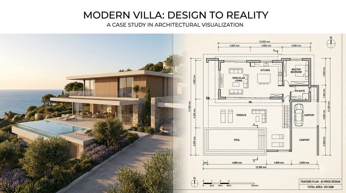 A split image pairing a photorealistic render of a modern villa on the left with a precise two-dimensional architectural plan and its dimension lines on the right.