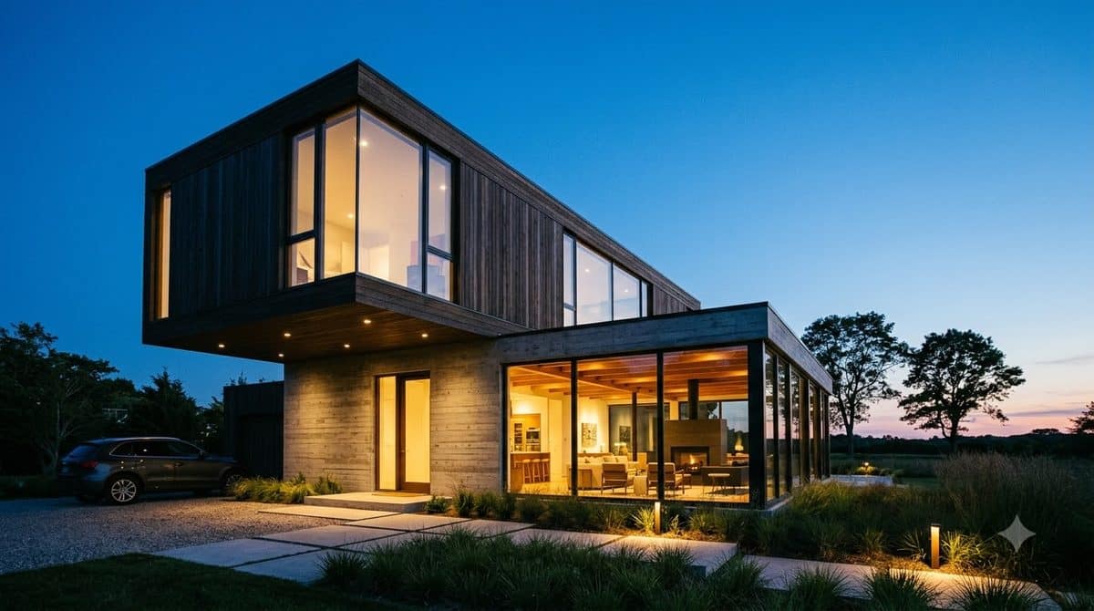 An architect-designed contemporary home at dusk, its timber-clad upper floor cantilevered over the entrance while warm light glows from the rooms inside.