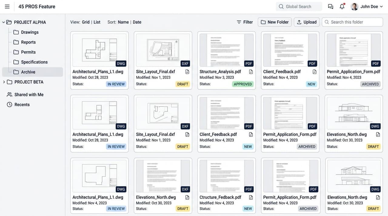 A document workspace interface with a project folder tree down the left side and a grid of drawing and PDF thumbnails labelled with filenames, dates and status tags.