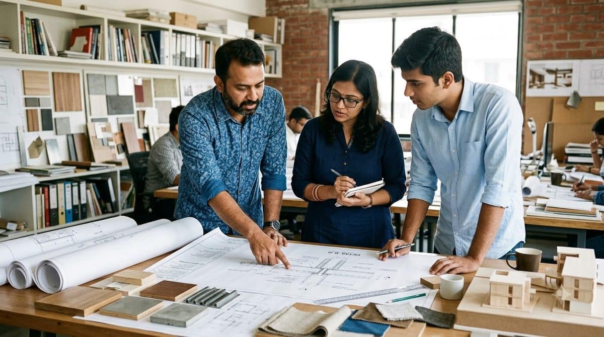 Three Indian design professionals stand around a studio table covered in large architectural drawings, one pointing at a detail, with material samples and models nearby.