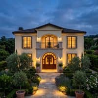 A small project thumbnail of a luxury two-storey residence with a cream facade and an arched entrance, lit warmly against an evening sky.