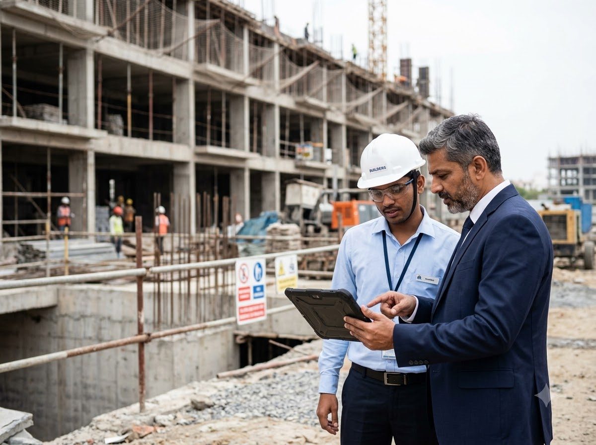 An Indian builder in a navy suit and a site engineer in a white hard hat study a tablet together on an active construction site, with a partly built concrete frame behind them.