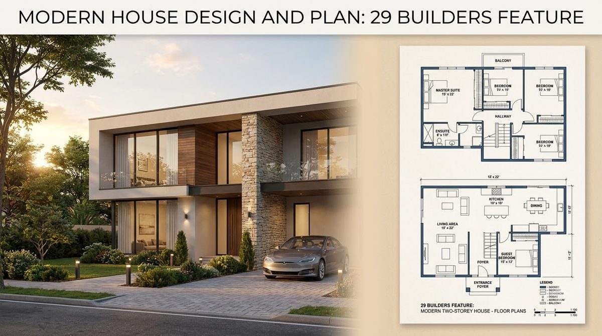 A split image pairing a photorealistic render of a modern two-storey house on the left with the two-dimensional floor plans for the same house on the right.