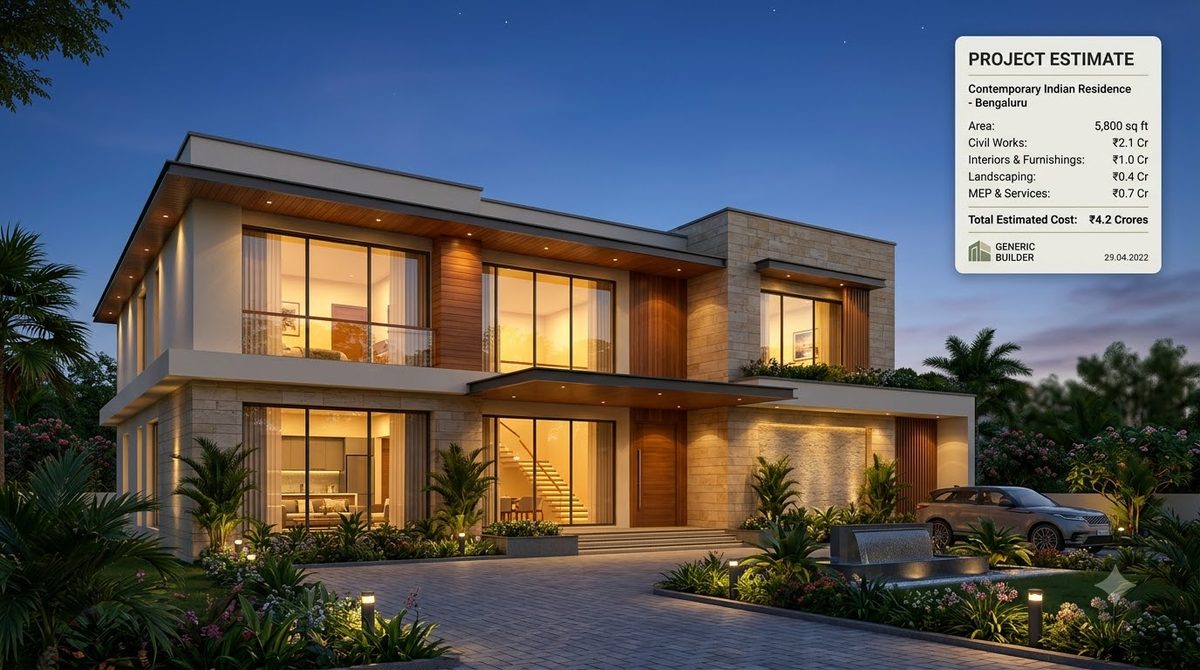 A large contemporary Indian house at dusk with wide glazing and warm interior lighting, shown alongside a summary panel of estimated project costs.