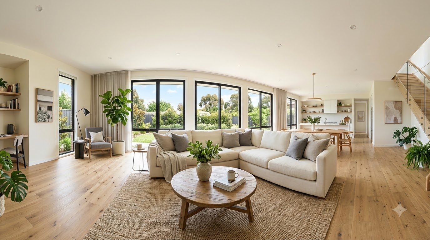 A wide panoramic view of a bright modern living room with large windows onto a garden, a cream corner sofa, a round timber coffee table and potted plants.
