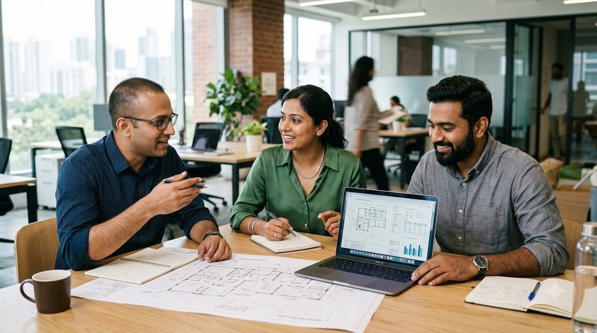 Three Indian professionals sit around a light wood table in a bright office, talking as they review printed drawings and a laptop together.