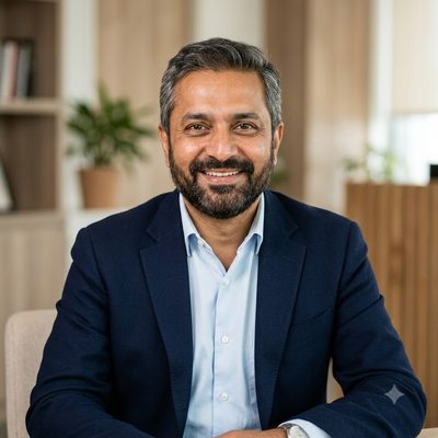Portrait of a North Indian man in his late forties with a neat greying beard, wearing a navy blazer over an open-collar shirt.