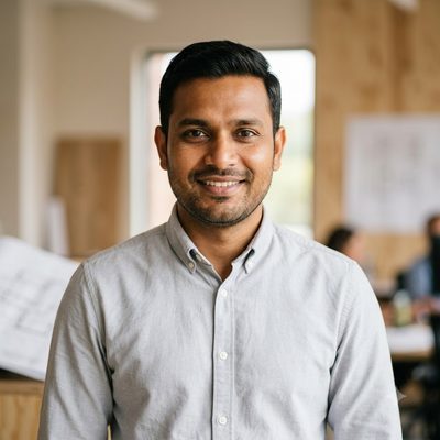 Portrait of an Indian man in his mid-thirties with short hair, wearing a light grey shirt and looking directly at the camera with a friendly smile.