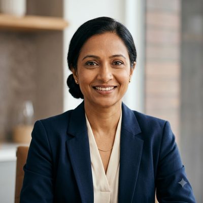 Portrait of an Indian woman in her forties with her hair in a low bun, wearing a dark blazer over a cream blouse and smiling with composure.