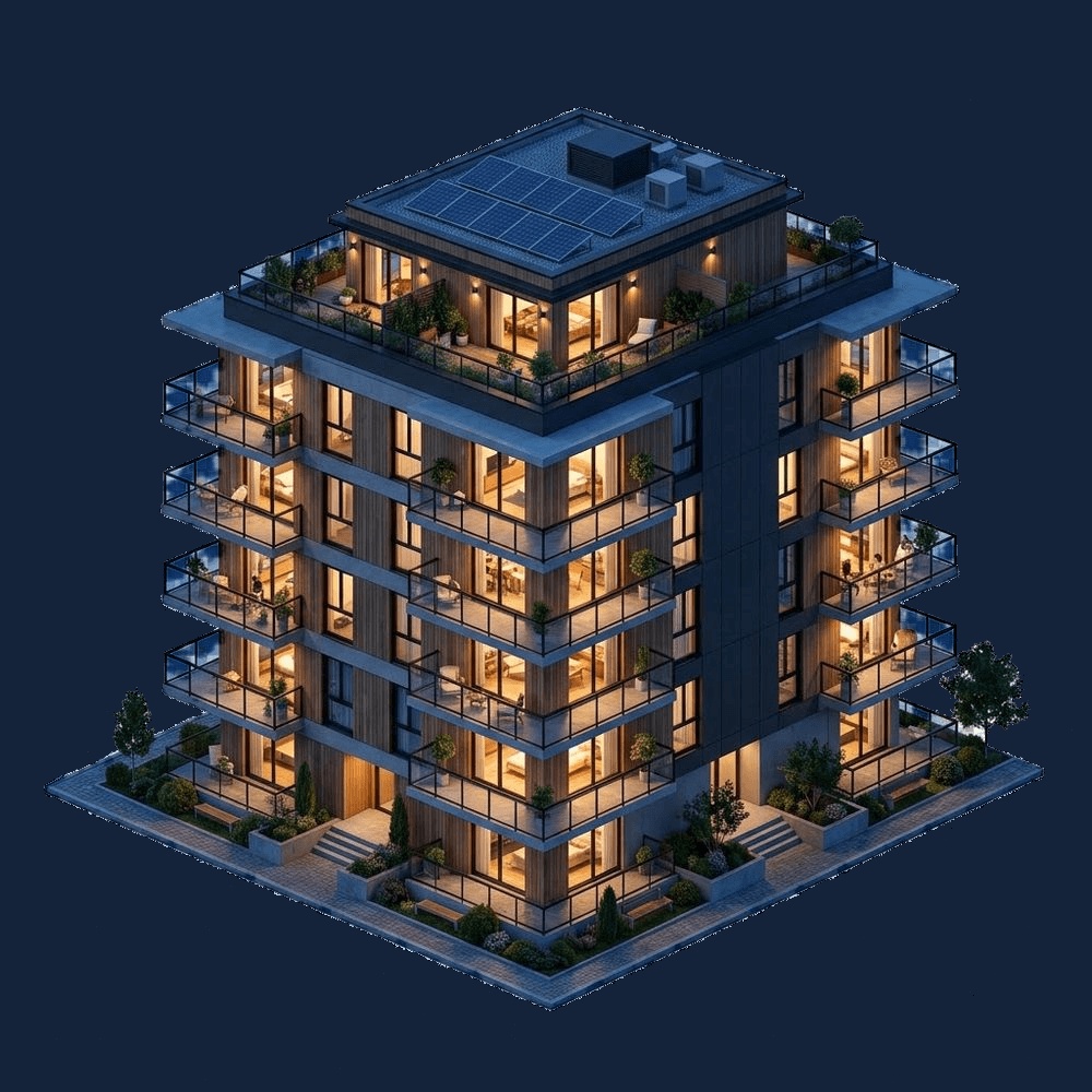 An isometric illustration of a five-storey residential apartment block with balconies on every floor, glowing windows and a landscaped base with trees and a driveway.