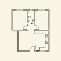 A small floor plan thumbnail showing a compact two-bedroom layout drawn in fine black line work on warm off-white paper.