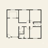 A small floor plan thumbnail showing an open-plan three-bedroom layout drawn in fine black line work on warm off-white paper.