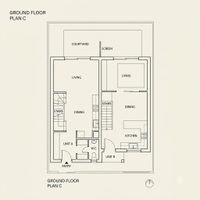 A small floor plan thumbnail showing the ground floor of a narrow-plot duplex, with two units either side of a stair core and a courtyard to the rear.