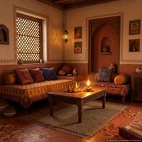 A small interior render thumbnail of a traditional Indian living room with terracotta floors, low seating in warm textiles and a brass lantern casting soft lamp light.