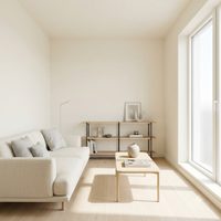 A small interior render thumbnail of a contemporary minimal living room in cream and pale oak, lit by bright daylight from a tall window.