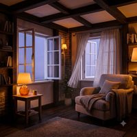 A small interior render thumbnail of a cosy evening living room with dark timber beams, an armchair under a throw and a table lamp glowing amber.
