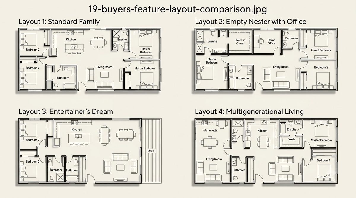 Four alternative two-dimensional floor plans for the same home, arranged in a two-by-two grid on warm off-white paper for side-by-side comparison.