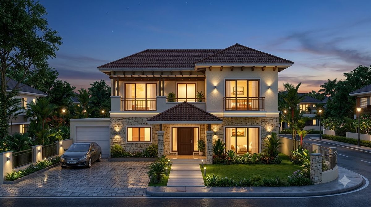 A photorealistic render of a two-storey suburban Indian home at dusk, with a pitched tiled roof, cream walls above a stone base, a front lawn and a paved driveway.