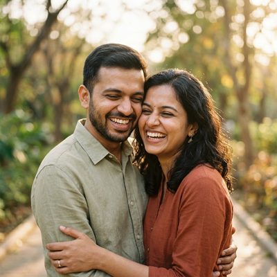 Portrait of a young Indian couple in their early thirties laughing together cheek to cheek outdoors in golden-hour light.