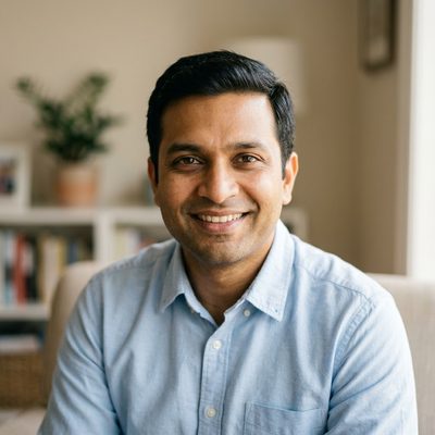 Portrait of a clean-shaven Indian man in his late thirties wearing a light blue shirt, smiling easily at the camera.