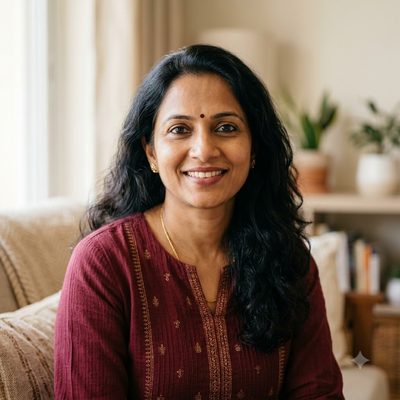 Portrait of an Indian woman in her forties with long dark hair, wearing a maroon kurta and smiling calmly at the camera.
