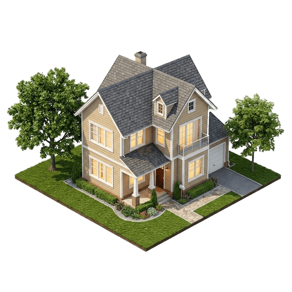 An isometric illustration of a two-storey suburban house with a pitched roof and glowing windows, standing on a small green lawn beside two trees.