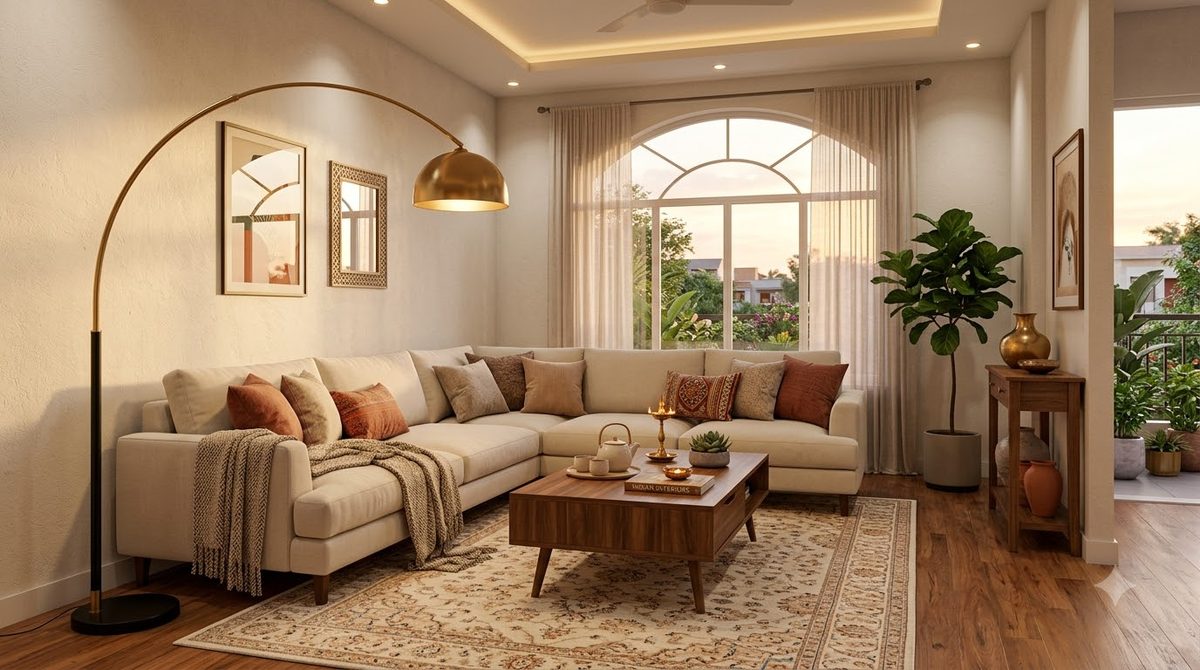 A photorealistic render of a warm contemporary Indian living room with a cream sectional sofa, a walnut coffee table, an arched brass floor lamp and sheer curtains at a tall arched window in the evening light.
