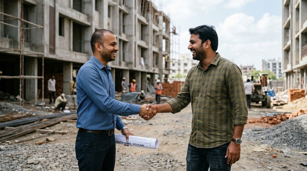 Two Indian men shake hands and smile outdoors at a residential building site, one of them holding a rolled set of site plans, with scaffolding and workers behind them.