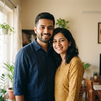 Portrait of a young Indian couple in their late twenties standing close together indoors, smiling at the camera in soft window light.