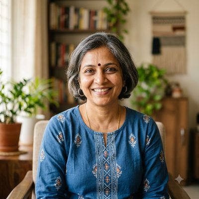 Portrait of a South Indian woman in her fifties with short greying hair, wearing a block-print cotton kurta and smiling warmly at the camera.
