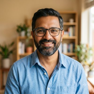 Portrait of an Indian man in his forties with a neat beard and glasses, wearing an open-collar shirt and smiling in a book-lined room.
