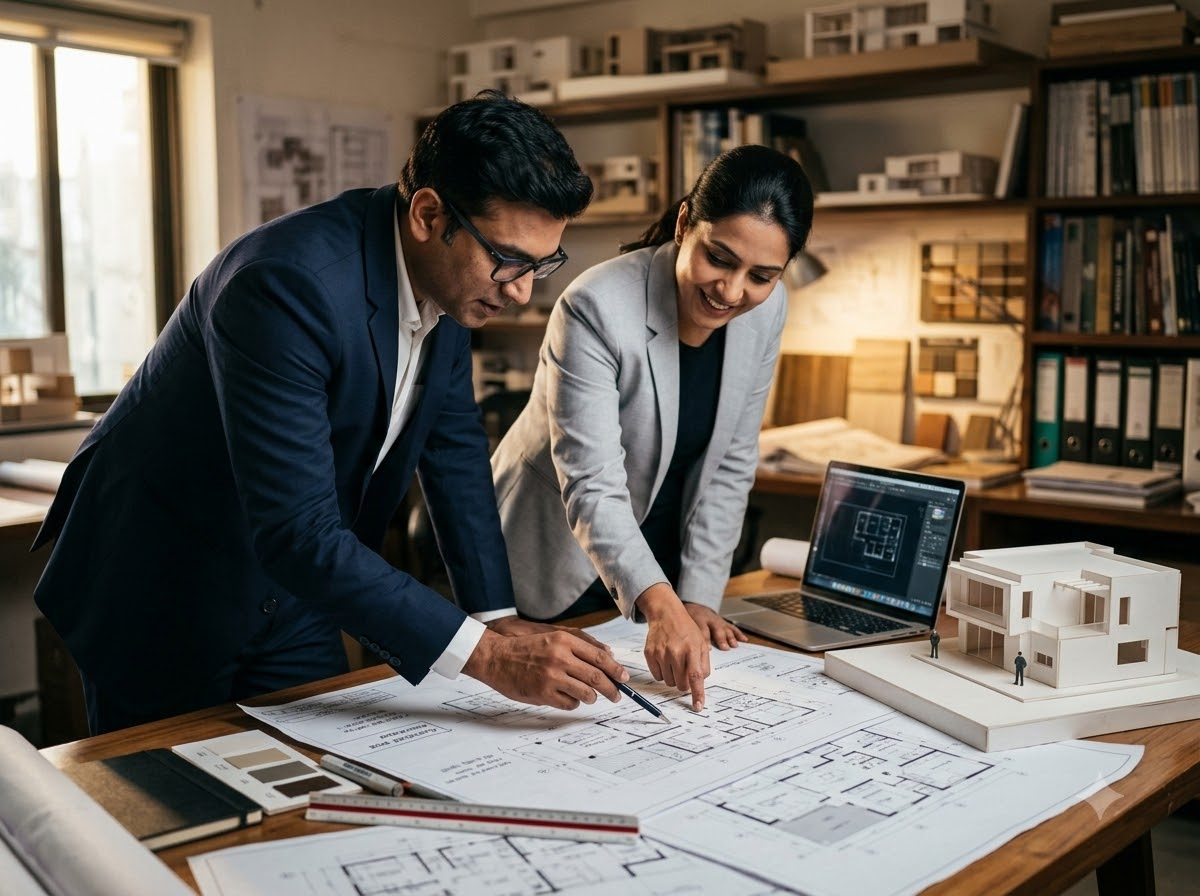An Indian architect in a dark suit and glasses and a female consultant in a light grey blazer lean over a studio table, reviewing drawings beside a laptop and a small white model of a house.