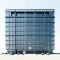A small project thumbnail of a glass-and-steel commercial office building photographed straight on.
