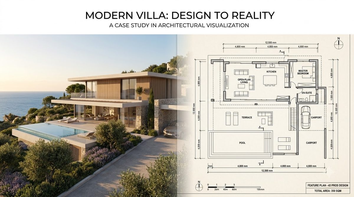 A split image pairing a photorealistic render of a modern villa on the left with a precise two-dimensional architectural plan and its dimension lines on the right.