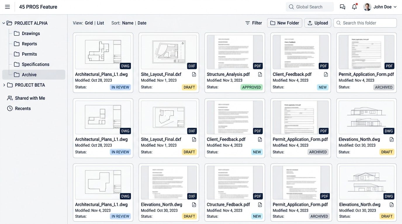 A document workspace interface with a project folder tree down the left side and a grid of drawing and PDF thumbnails labelled with filenames, dates and status tags.